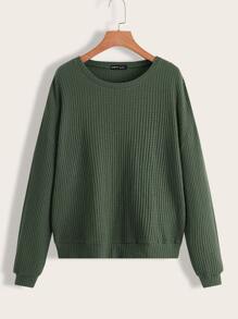 SHEIN LUNE Waffle Knit Drop Shoulder Pullover,Long Sleeve Tops - Green - View 1