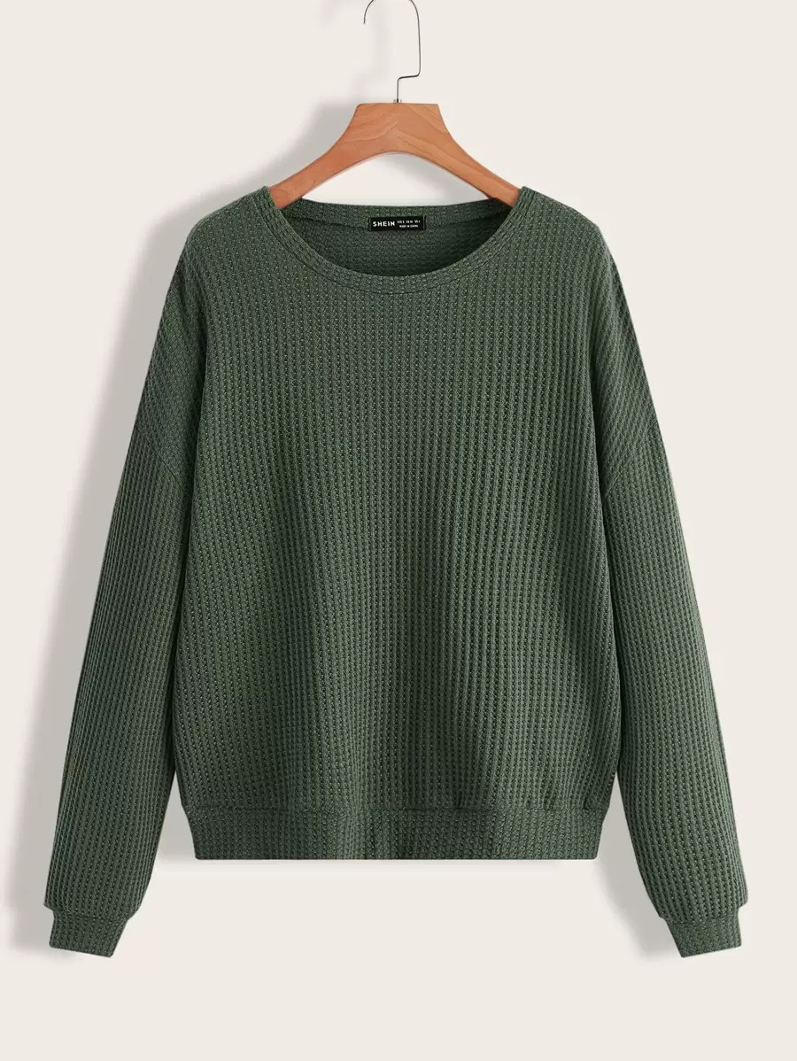 SHEIN LUNE Waffle Knit Drop Shoulder Pullover,Long Sleeve Tops - Green - View 1