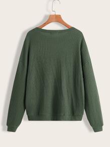 SHEIN LUNE Waffle Knit Drop Shoulder Pullover,Long Sleeve Tops - Green - View 2