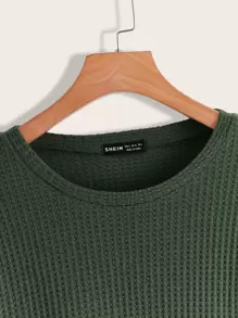 SHEIN LUNE Waffle Knit Drop Shoulder Pullover,Long Sleeve Tops - Green - View 3