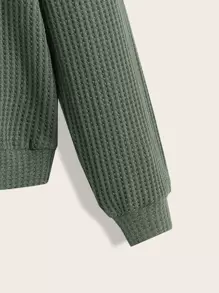 SHEIN LUNE Waffle Knit Drop Shoulder Pullover,Long Sleeve Tops - Green - View 4