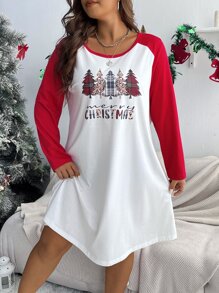 Plus Christmas Tree & Slogan Graphic Raglan Sleeve Tee Dress - White - View 1
