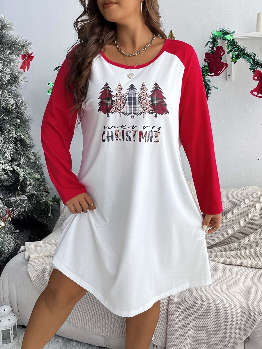 Plus Christmas Tree & Slogan Graphic Raglan Sleeve Tee Dress - White - View 1