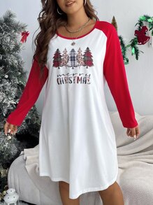Plus Christmas Tree & Slogan Graphic Raglan Sleeve Tee Dress - White - View 3