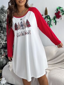 Plus Christmas Tree & Slogan Graphic Raglan Sleeve Tee Dress - White - View 4