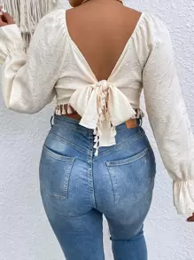 SHEIN Clasi Plus Fringe Trim Ruched Bust Flounce Sleeve Jacquard Blouse - Beige - View 2