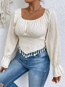 SHEIN Clasi Plus Fringe Trim Ruched Bust Flounce Sleeve Jacquard Blouse - Beige - View 3