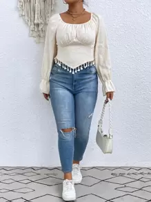 SHEIN Clasi Plus Fringe Trim Ruched Bust Flounce Sleeve Jacquard Blouse - Beige - View 5