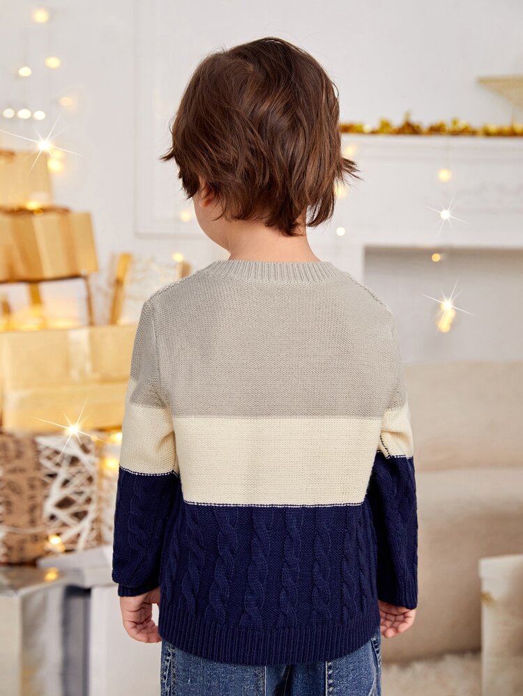 SHEIN 小男童撞色麻花編織套頭毛衣 - 彩色 - 查看 2