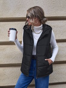 SHEIN LUNE 斜口袋连帽背心夹棉大衣 - 黑色 - 查看 1