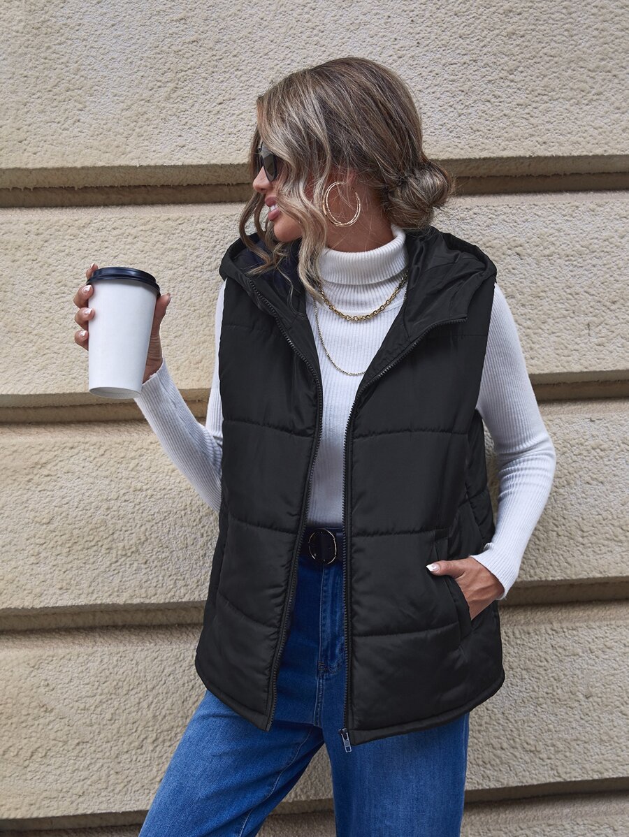 SHEIN LUNE 斜口袋连帽背心夹棉大衣 - 黑色 - 查看 1