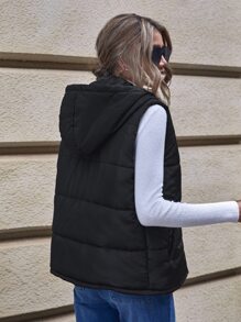 SHEIN LUNE 斜口袋连帽背心夹棉大衣 - 黑色 - 查看 2