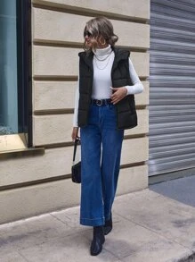 SHEIN LUNE 斜口袋连帽背心夹棉大衣 - 黑色 - 查看 3