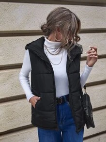 SHEIN LUNE 斜口袋连帽背心夹棉大衣 - 黑色 - 查看 4