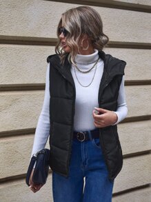 SHEIN LUNE 斜口袋连帽背心夹棉大衣 - 黑色 - 查看 5