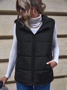 SHEIN LUNE 斜口袋连帽背心夹棉大衣 - 黑色 - 查看 6