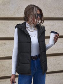 SHEIN LUNE 斜口袋连帽背心夹棉大衣 - 黑色 - 查看 7