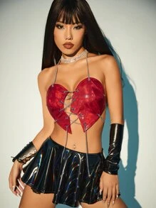 SHEIN ICON 前繫帶露背繞頸短上衣 - 紅色 - 查看 4