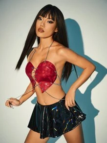 SHEIN ICON 前繫帶露背繞頸短上衣 - 紅色 - 查看 7