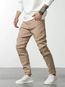 Manfinity LEGND Nam Quần jean rách Bông Túi nghiêng - Màu Khaki - Xem 1