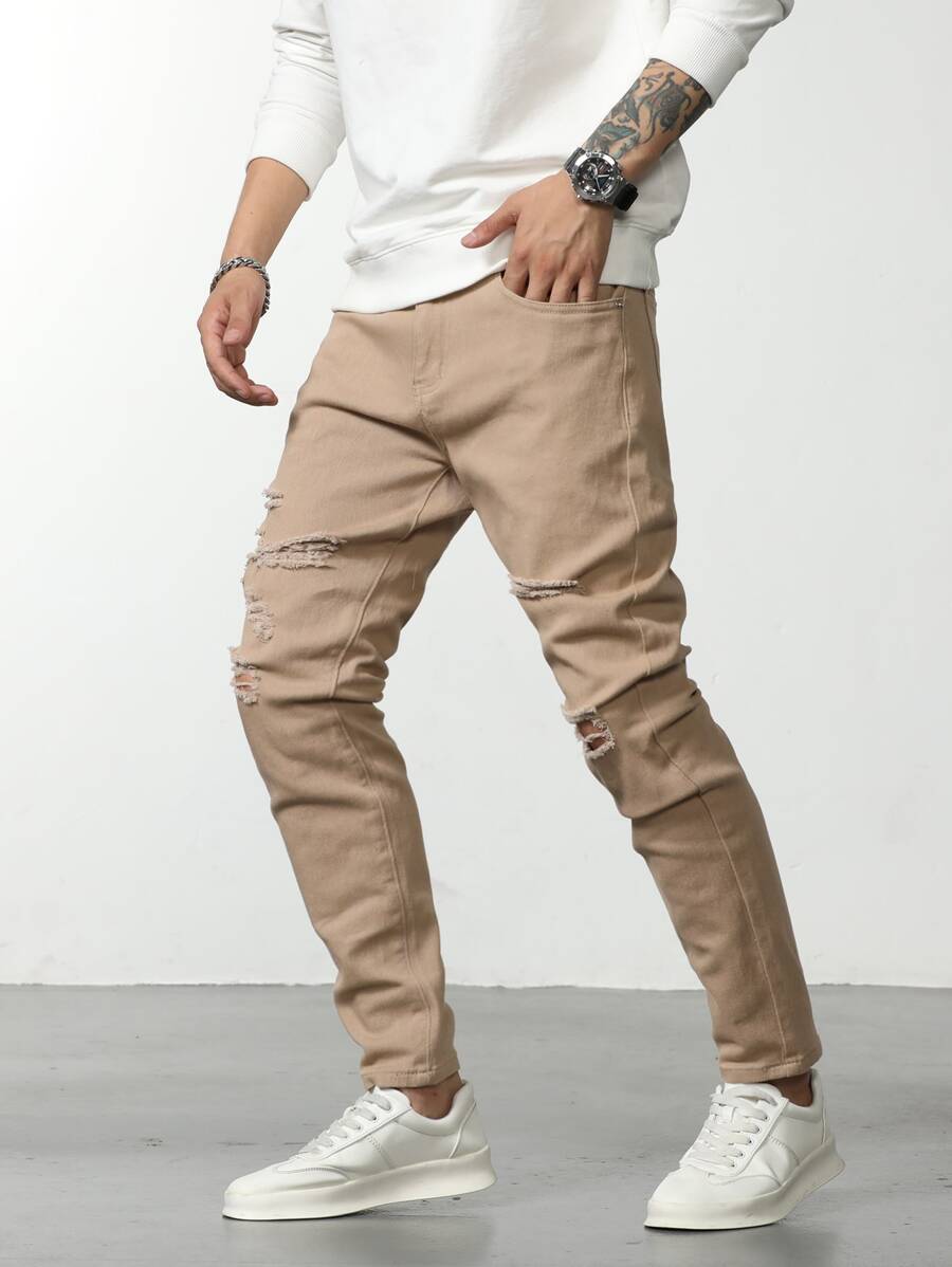 Manfinity LEGND Nam Quần jean rách Bông Túi nghiêng - Màu Khaki - Xem 1