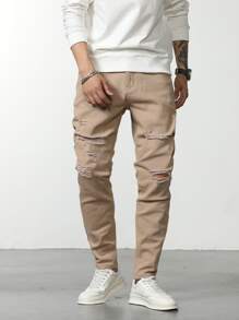 Manfinity LEGND Nam Quần jean rách Bông Túi nghiêng - Màu Khaki - Xem 3