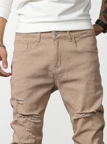 Manfinity LEGND Nam Quần jean rách Bông Túi nghiêng - Màu Khaki - Xem 4