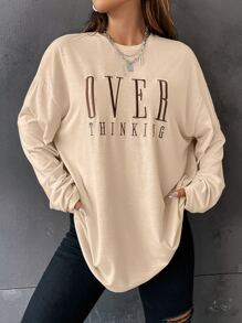 SHEIN Unity Letter Embroidery Drop Shoulder Tee - Apricot - View 1