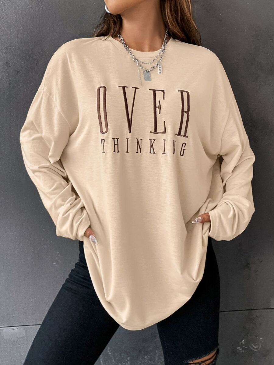 SHEIN Unity Letter Embroidery Drop Shoulder Tee - Apricot - View 1