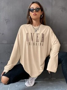 SHEIN Unity Letter Embroidery Drop Shoulder Tee - Apricot - View 3