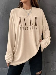 SHEIN Unity Letter Embroidery Drop Shoulder Tee - Apricot - View 4