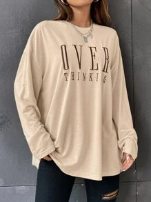 SHEIN Unity Letter Embroidery Drop Shoulder Tee - Apricot - View 5