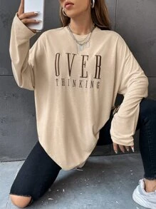 SHEIN Unity Letter Embroidery Drop Shoulder Tee - Apricot - View 6