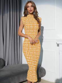 Modelyn Houndstooth Shoulder Pads Mock Neck Bodycon Dress - Orange - View 1