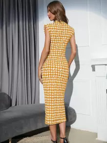 Modelyn Houndstooth Shoulder Pads Mock Neck Bodycon Dress - Orange - View 2