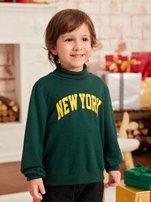 SHEIN Niños Sudadera con estampado de letra de cuello tortuga - Verde - Ver 5