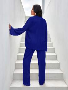 SHEIN SXY Bộ đồ hai mảnh nữ Xù nhỏ Nút phía trước màu trơn Thanh lịch - Màu xanh lam - Xem 2