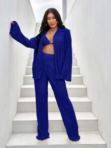 SHEIN SXY Bộ đồ hai mảnh nữ Xù nhỏ Nút phía trước màu trơn Thanh lịch - Màu xanh lam - Xem 4