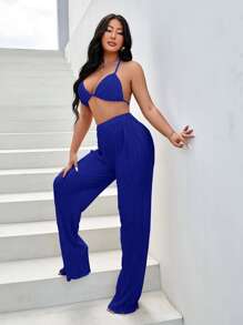 SHEIN SXY Bộ đồ hai mảnh nữ Xù nhỏ Nút phía trước màu trơn Thanh lịch - Màu xanh lam - Xem 5