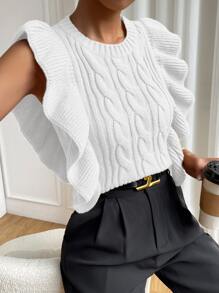 SHEIN Essnce Ruffle Trim Cable Knit Sweater Vest - White - View 3