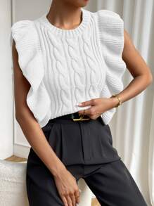 SHEIN Essnce Ruffle Trim Cable Knit Sweater Vest - White - View 4