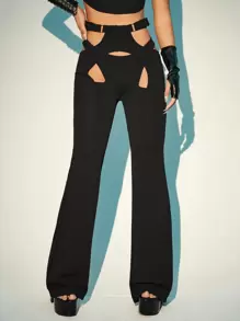 SHEIN ICON Cut Out Flare Leg Trousers - Black - View 4