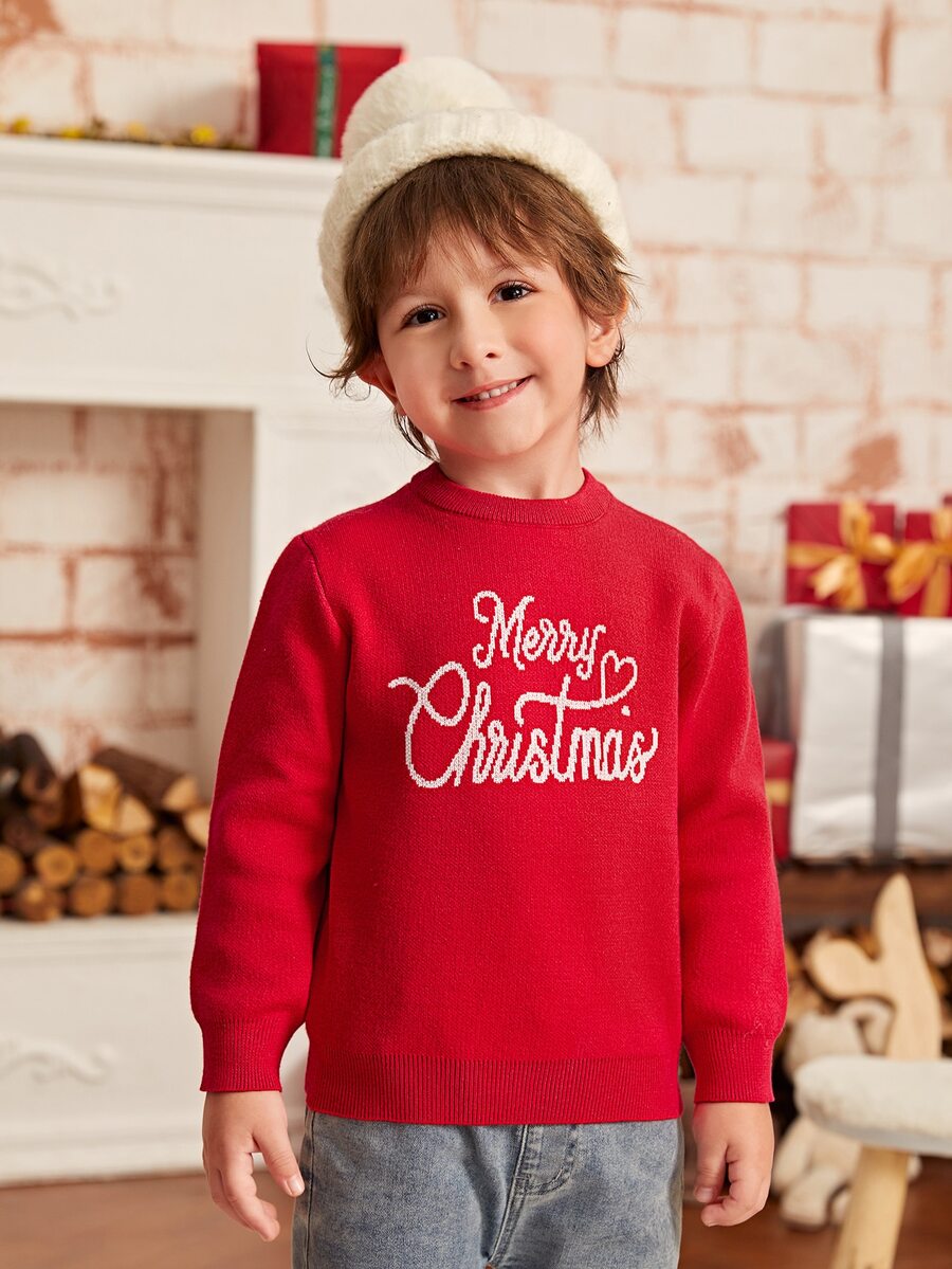 SHEIN Toddler Boys Christmas Slogan & Heart Pattern Jumper - Red - View 1