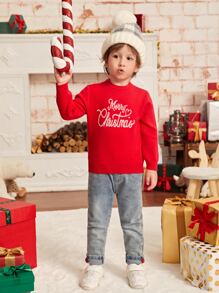 SHEIN Toddler Boys Christmas Slogan & Heart Pattern Jumper - Red - View 3