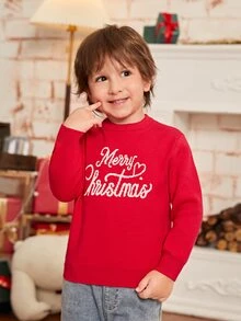 SHEIN Toddler Boys Christmas Slogan & Heart Pattern Jumper - Red - View 5