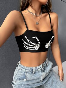 ROMWE PUNK 反光骷髏手掌圖案吊帶短上衣 - 黑色 - 查看 6