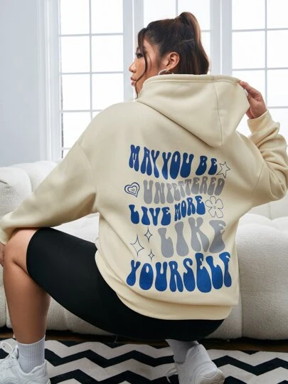 SHEIN EZwear 加大码标语图案落肩抽绳卫衣