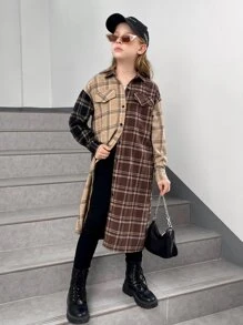 SHEIN Girls Tartan Print Drop Shoulder Colourblock Shirt - Multicolor - View 4