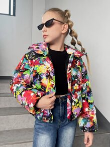 SHEIN Abrigo acolchado con capucha estampado de manchas de tinta para niñas preadolescentes - Multicolor - Ver 4