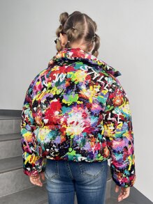 SHEIN Abrigo acolchado con capucha estampado de manchas de tinta para niñas preadolescentes - Multicolor - Ver 5